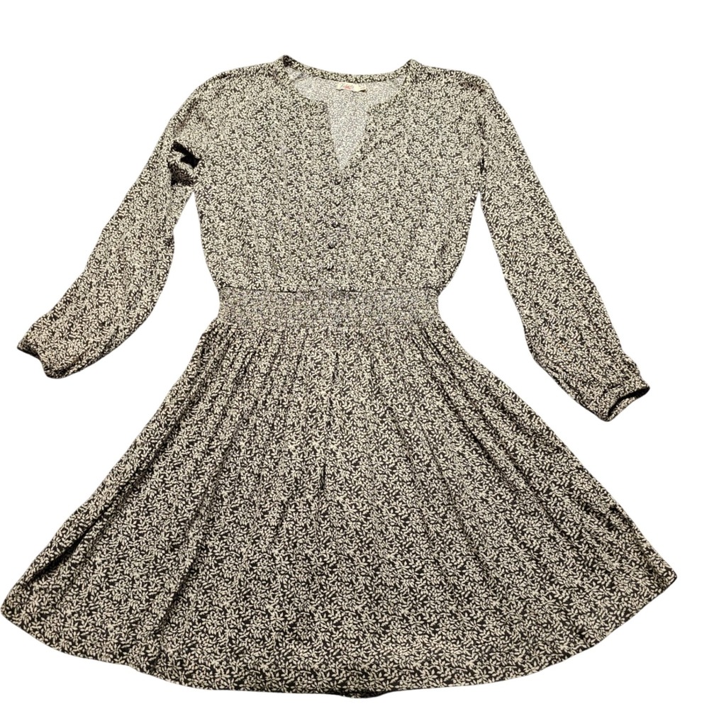 Faherty XS Black White Floral Viscose Smocked Waist Long Sleeve Mini Dress